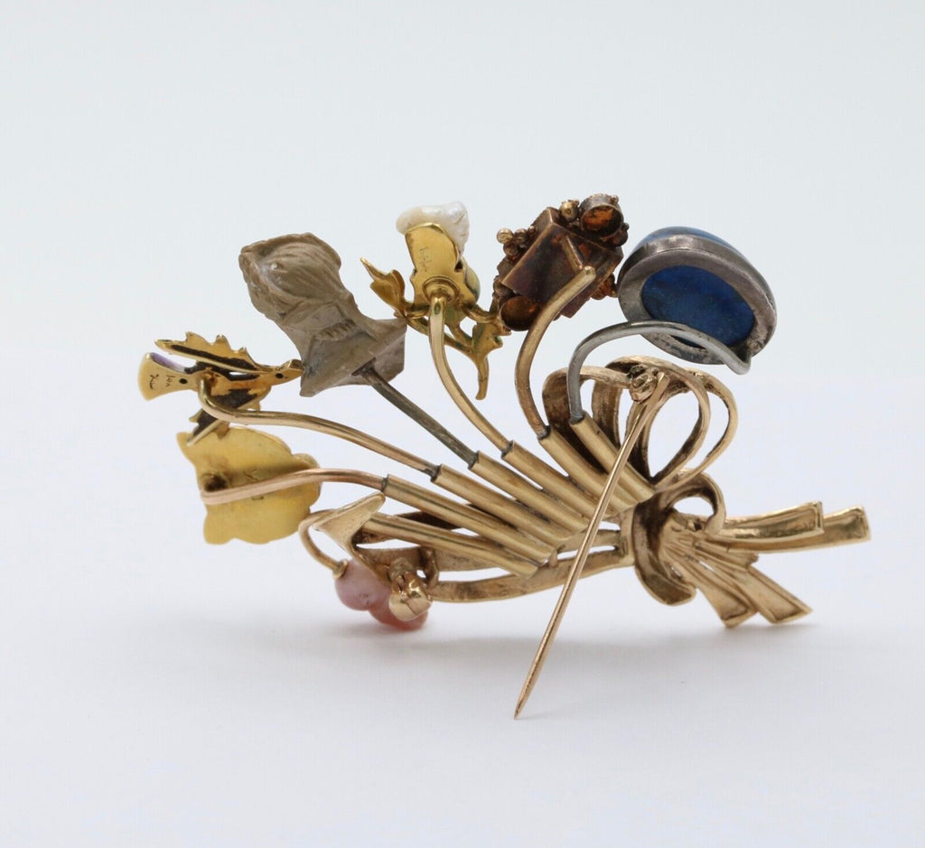 Vintage 14K Gold Stick Pin Conversion Brooch, Enamel Sapphire, Pearl.