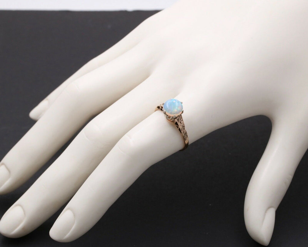 Art Deco Watery Translucent Opal 10K Yellow Gold Ring