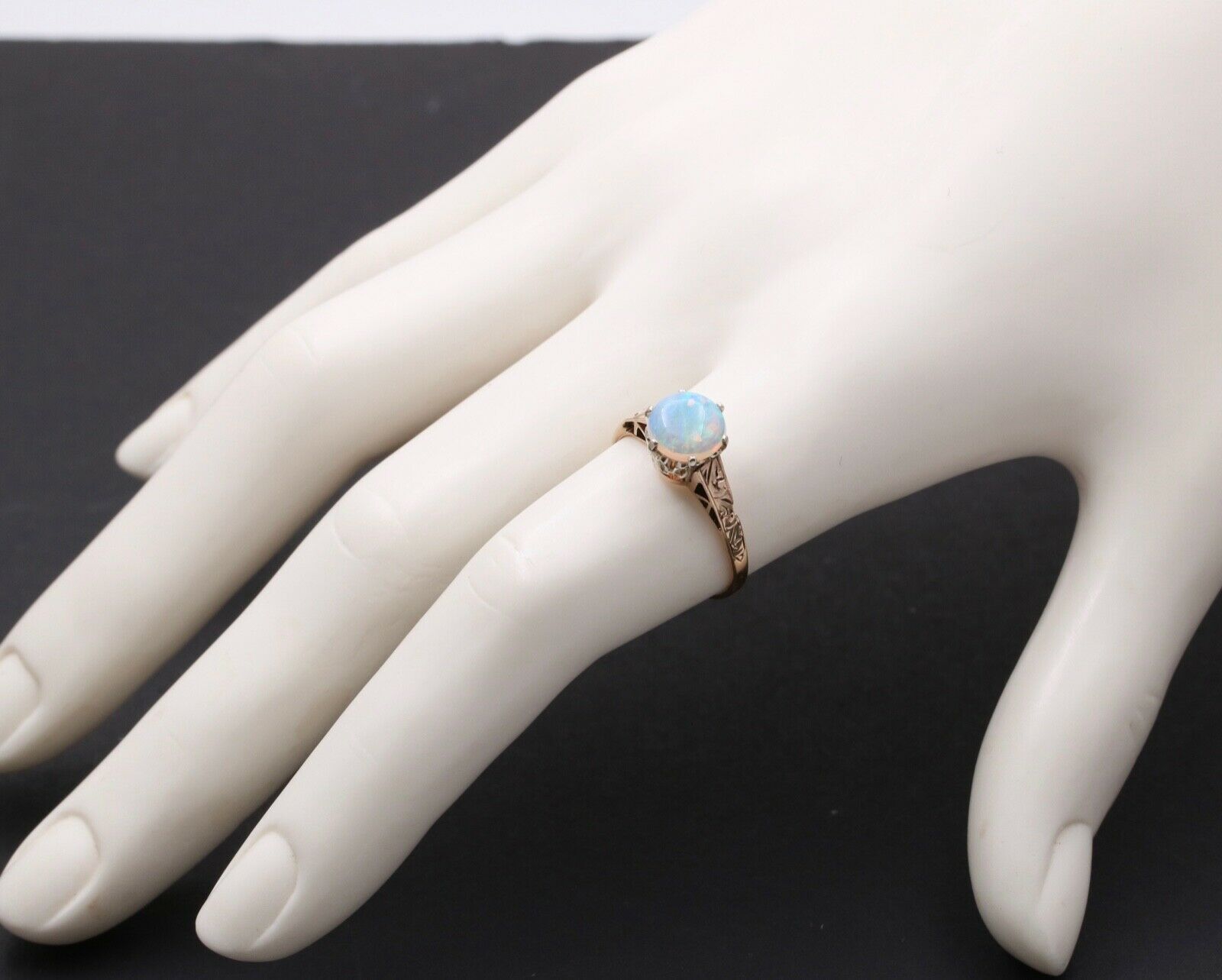 Art Deco Watery Translucent Opal 10K Yellow Gold Ring