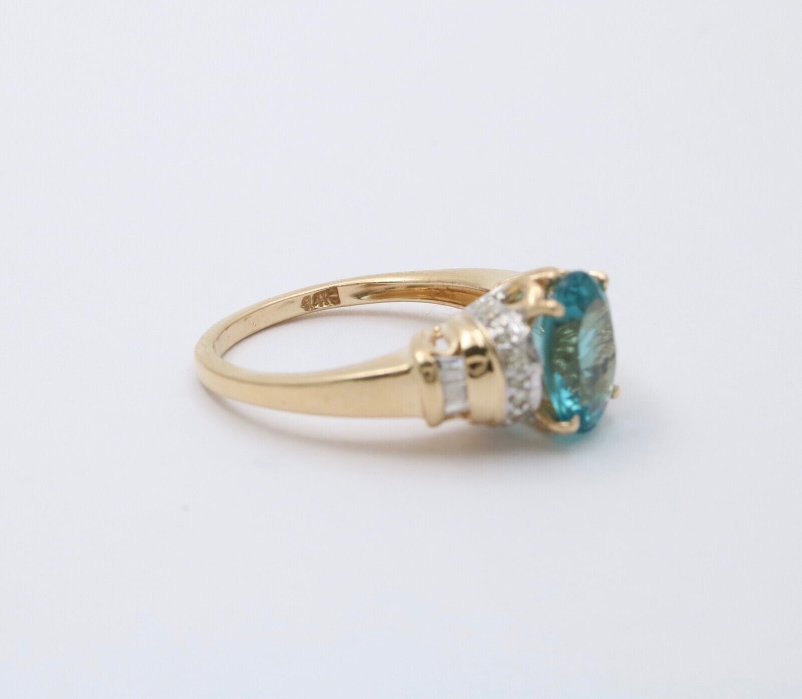 Vintage Blue Zircon And Diamond 14K Yellow Gold Ring Band, Engagement Ring