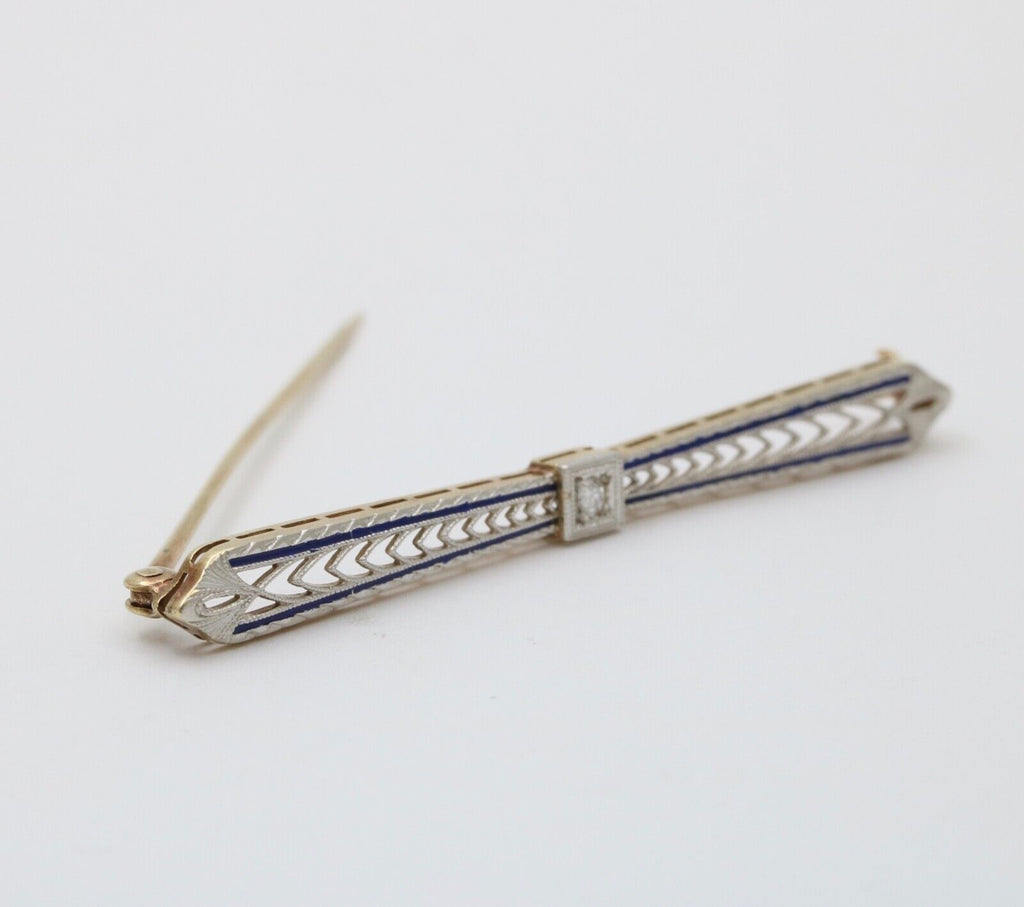 Vintage 14K Yellow Gold & Platinum Diamond Enamel Bar Pin.