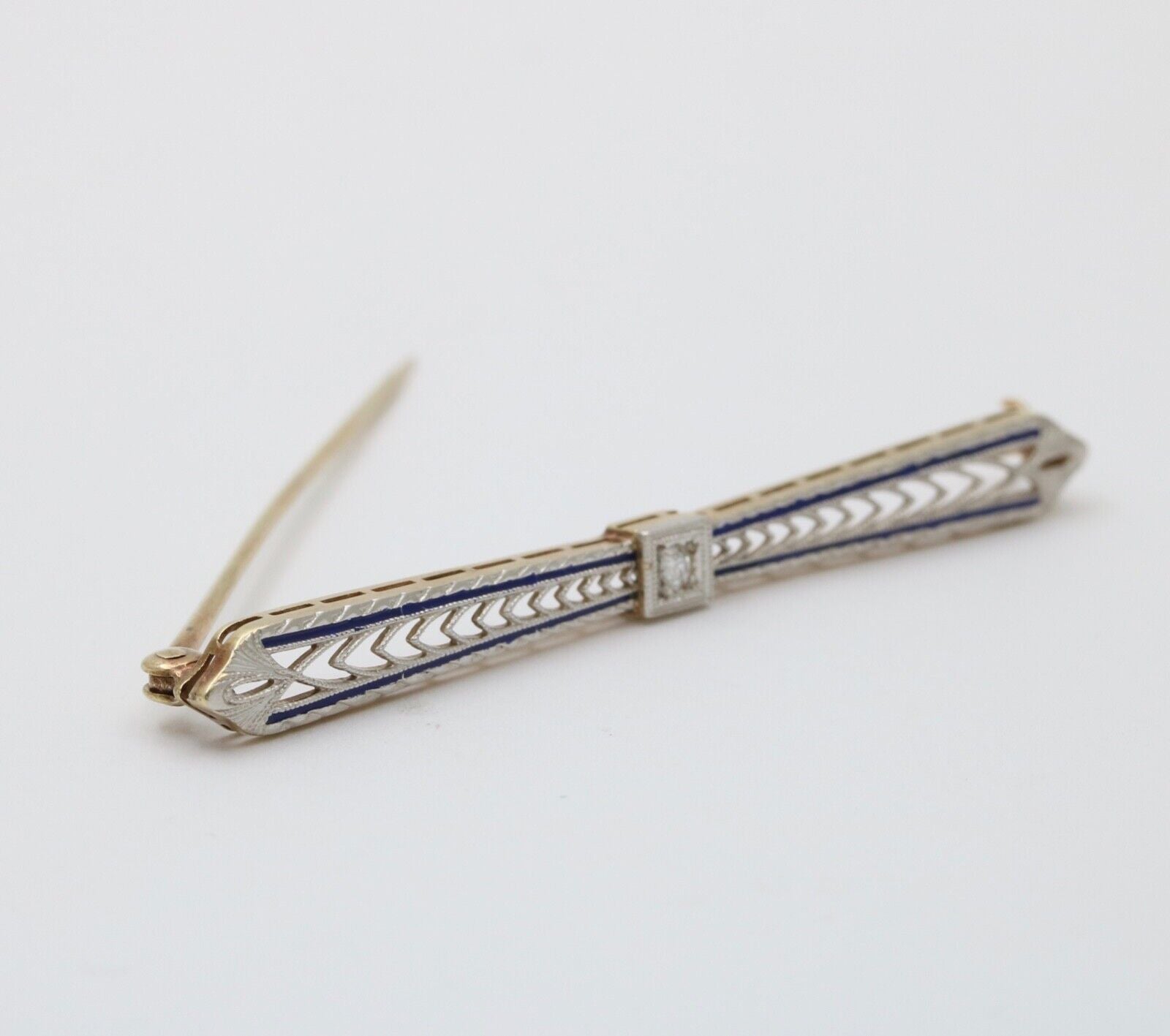Vintage 14K Yellow Gold & Platinum Diamond Enamel Bar Pin.
