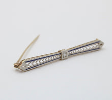 Load image into Gallery viewer, Vintage 14K Yellow Gold &amp; Platinum Diamond Enamel Bar Pin.
