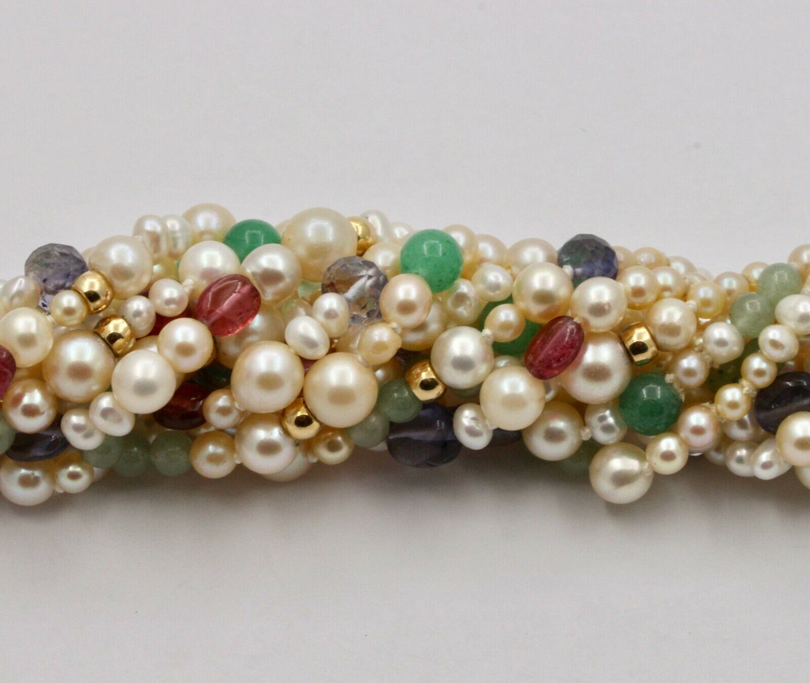 Vintage Multi-color Gem Stone Beaded Pearl 14K Yellow Gold Bracelet.