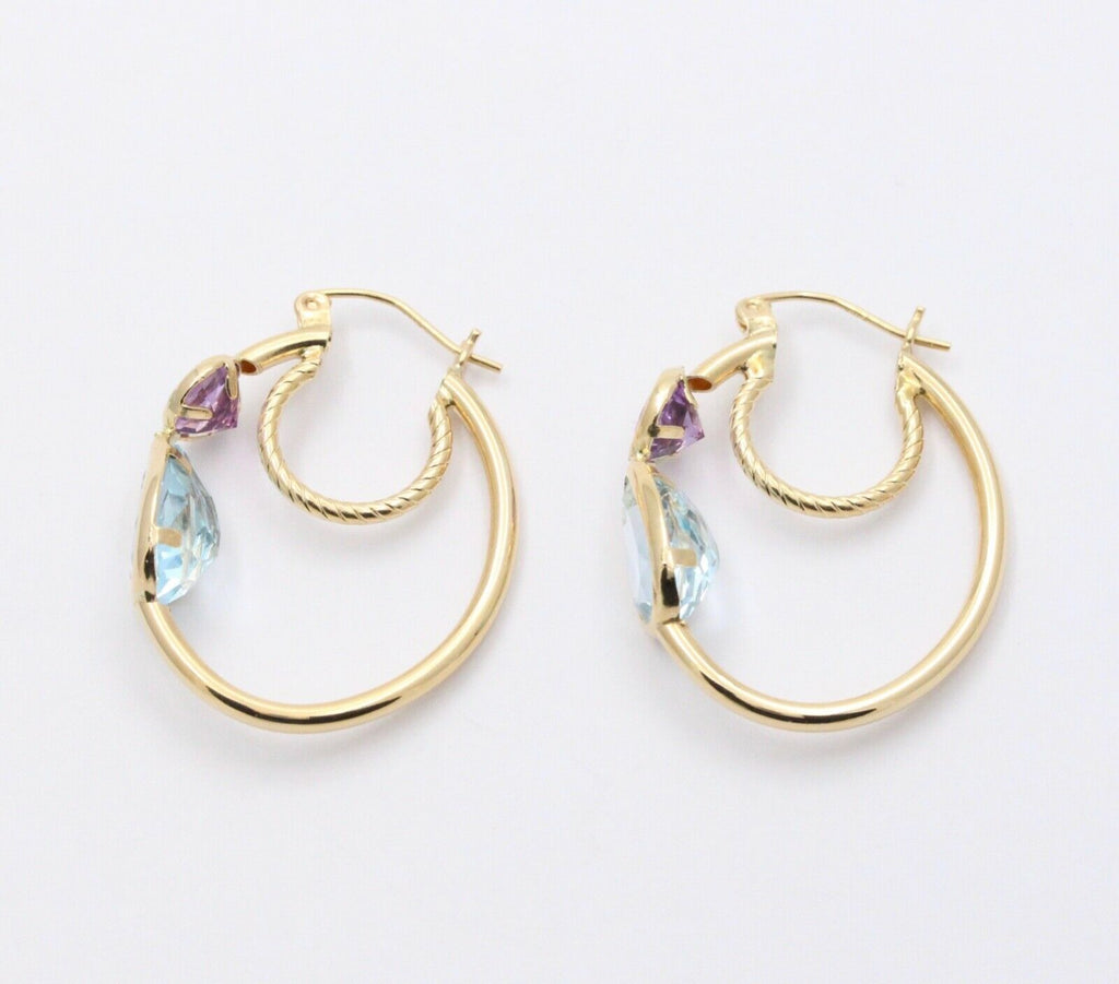 Minimalist 14K Yellow Gold Blue Topaz & Amethyst Huggie Earrings.