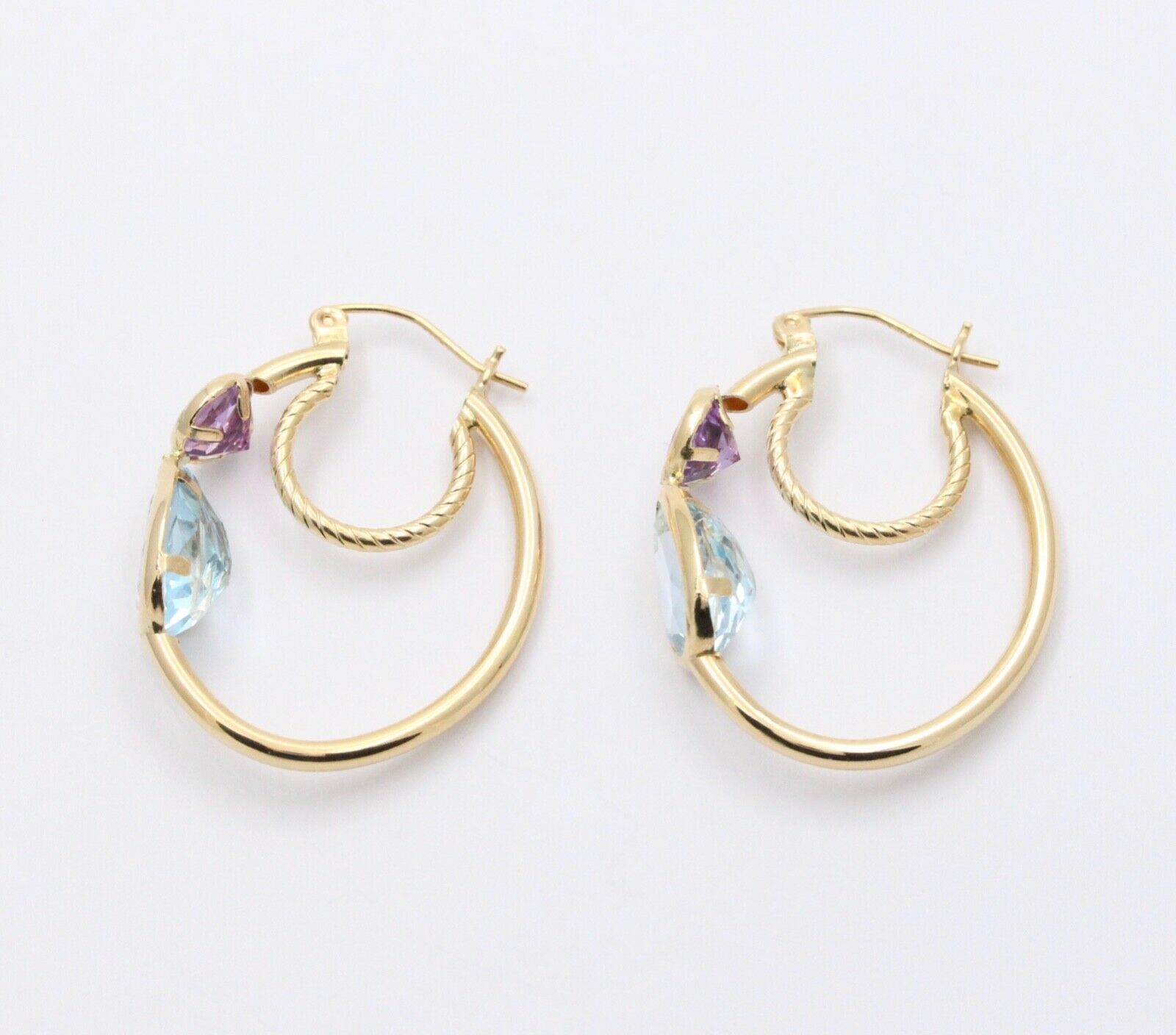 Minimalist 14K Yellow Gold Blue Topaz & Amethyst Huggie Earrings.