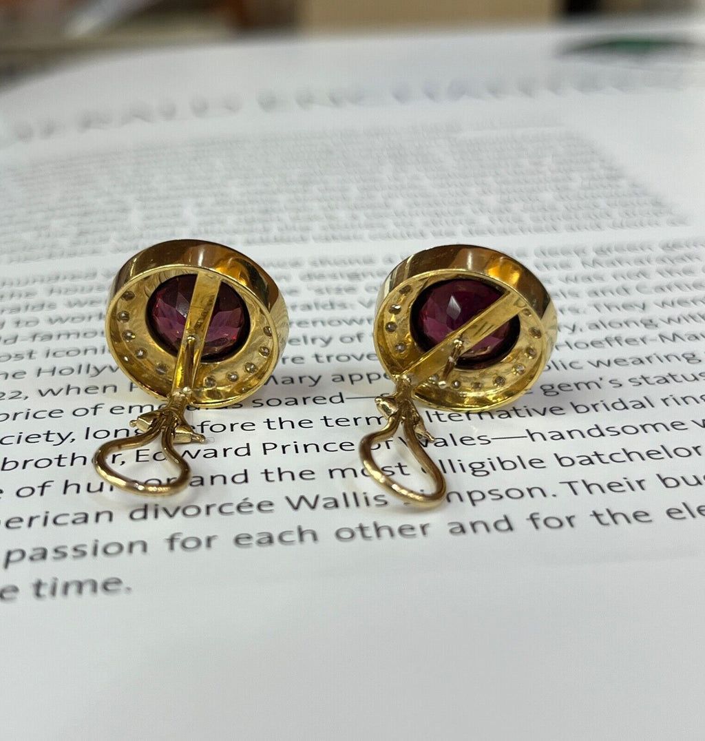 Vintage Rhodolite Garnet & Diamond Halo 18K Yellow Gold Earrings