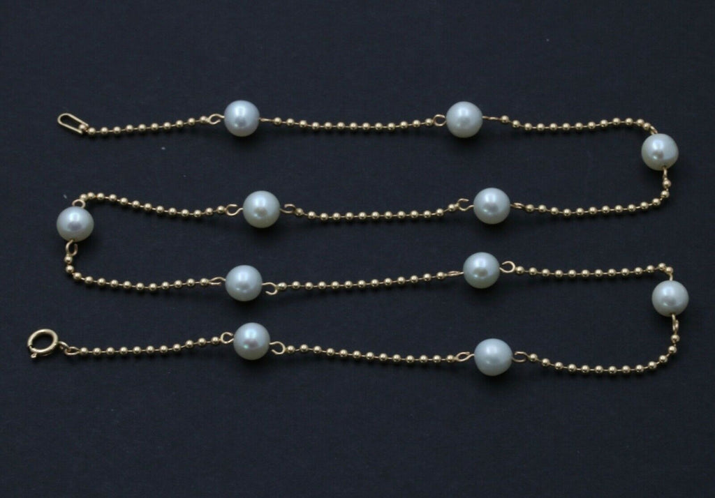 Vintage 14K Yellow Gold Pearl Dog Tag Chain Necklace, June Birth Stone