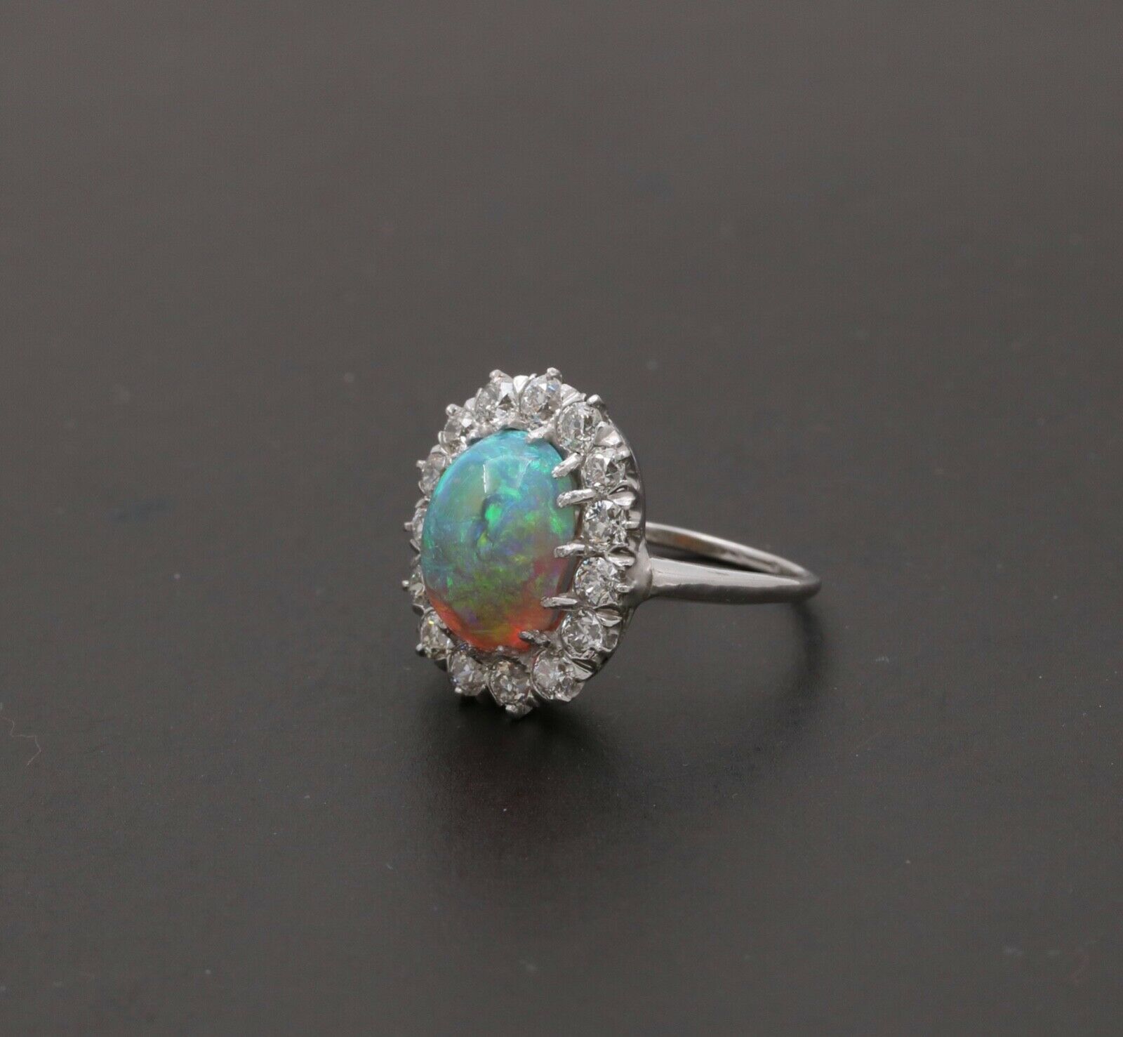 Art Deco Platinum Australia Opal & Old Mine Cut Diamond Halo Engagement Ring