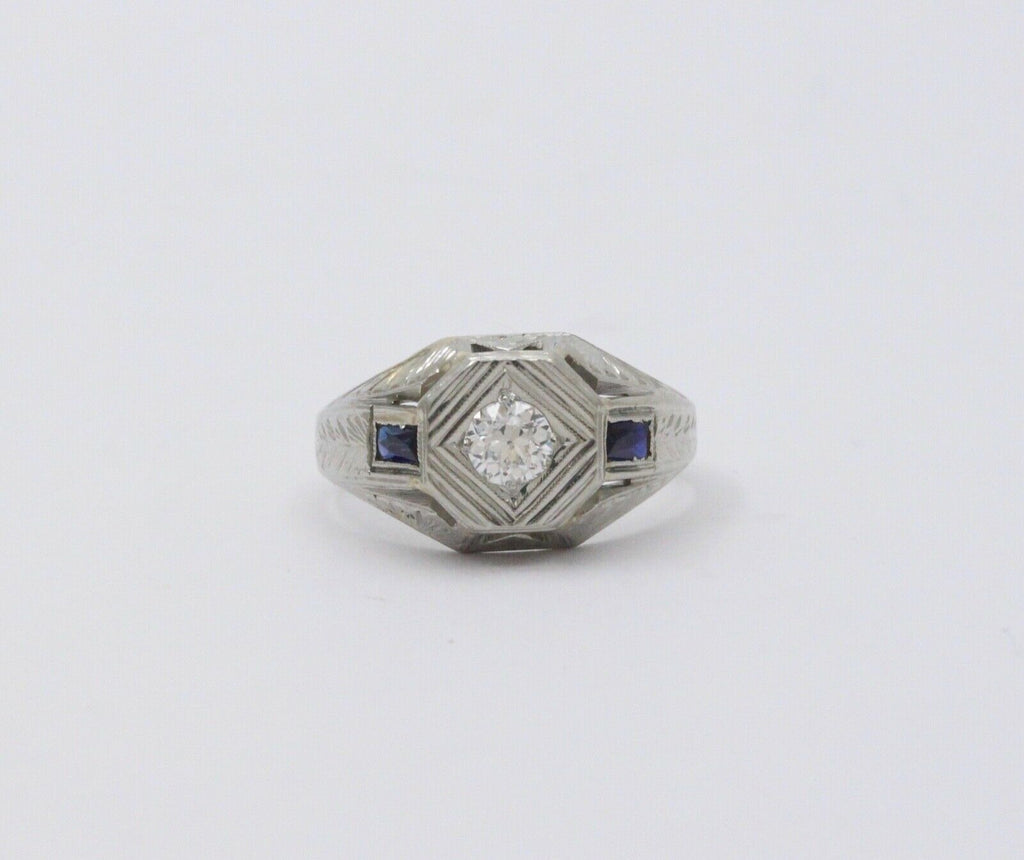 Antique Art Deco 14K White Gold Diamond & Sapphire Ring, Engagement Ring.