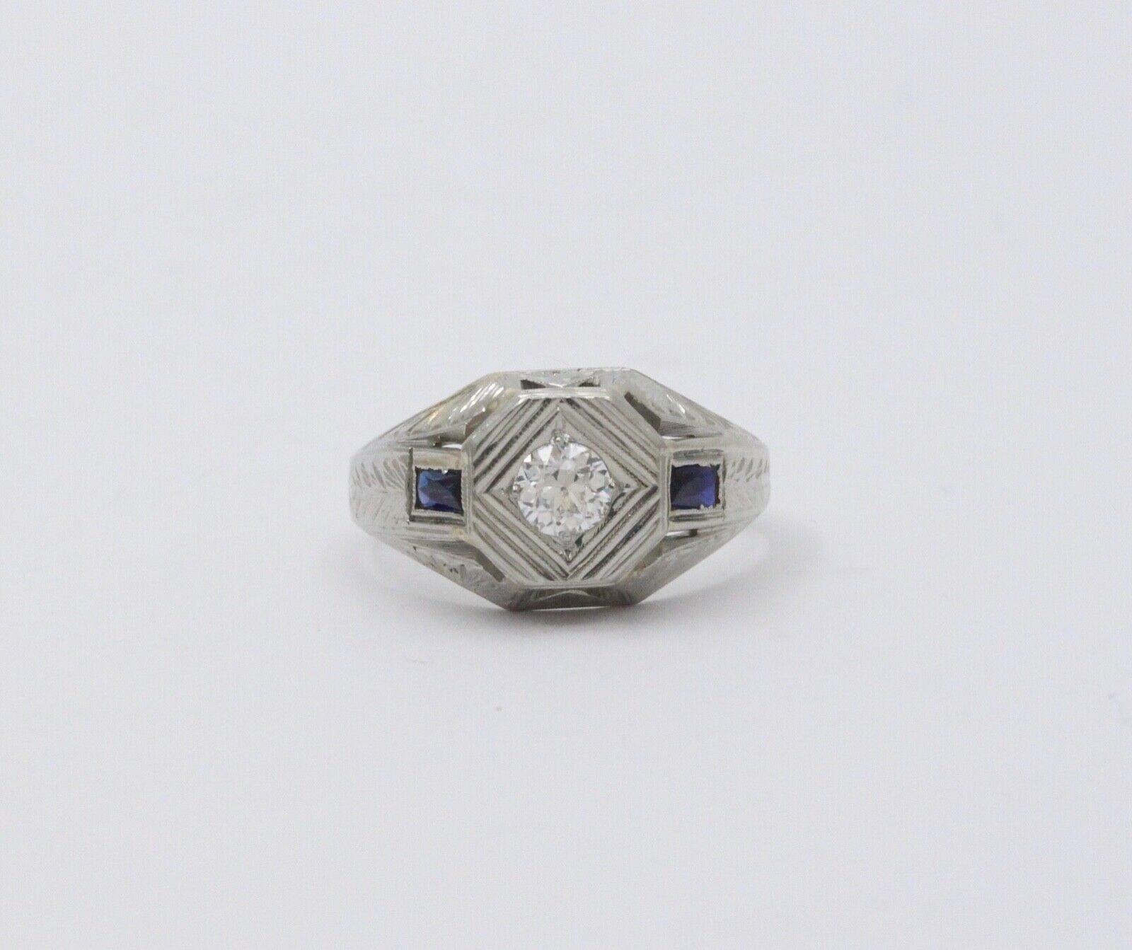 Antique Art Deco 14K White Gold Diamond & Sapphire Ring, Engagement Ring.