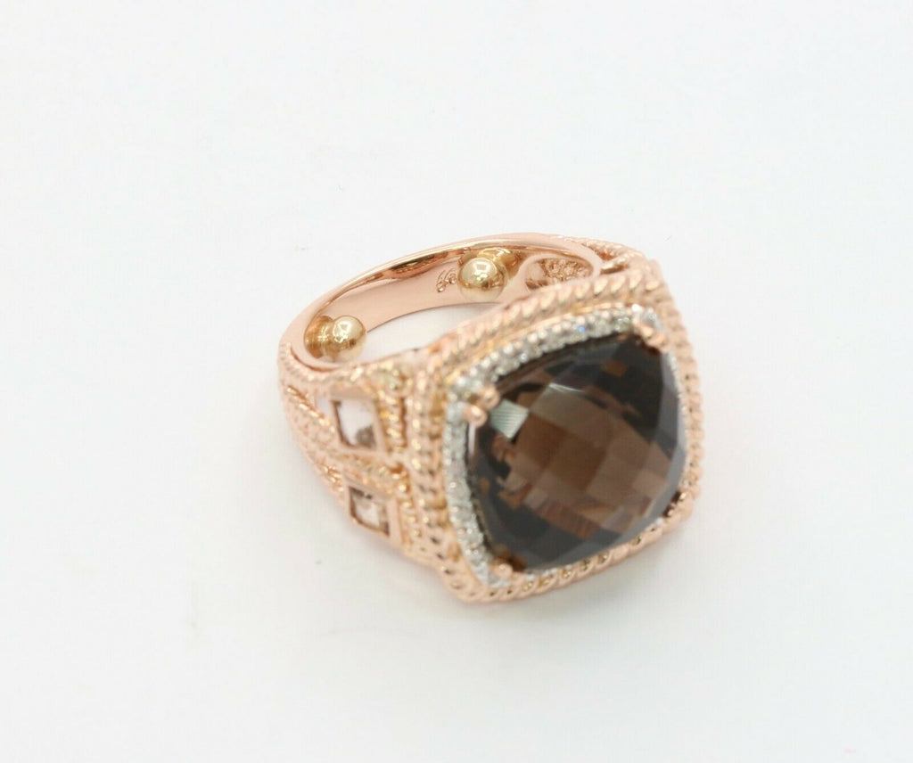 Vintage 14K Rose Gold 4 Carat Smoky Quartz Diamond Statement Ring