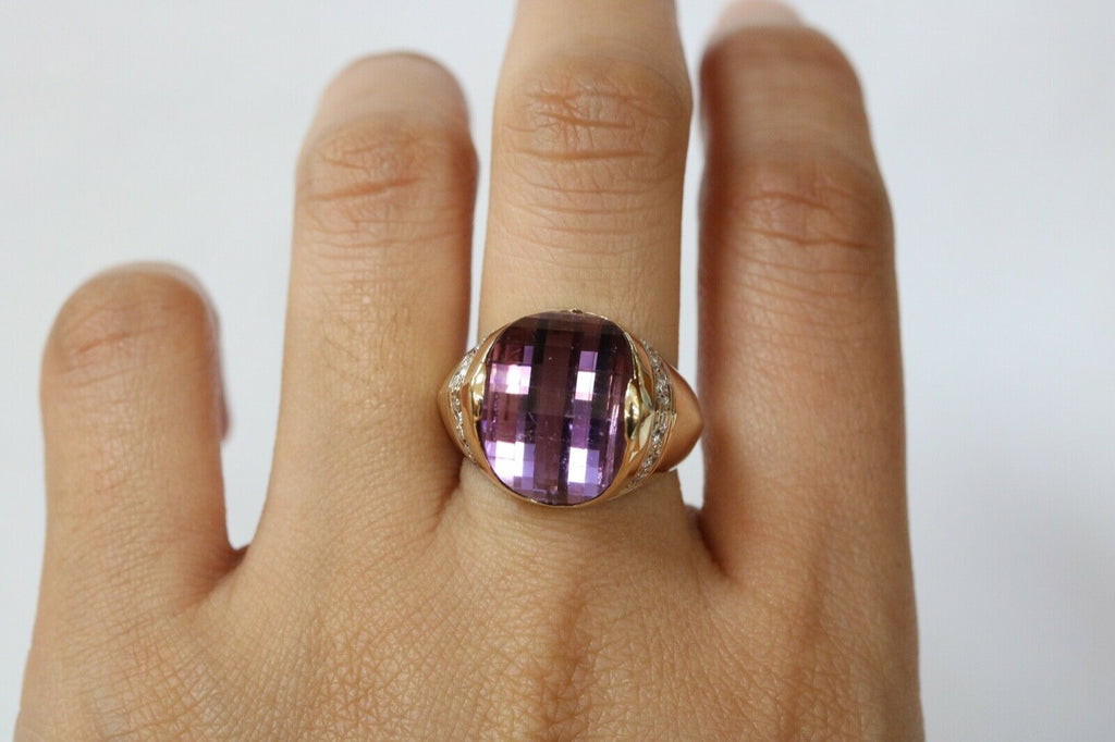 Vintage 14K Yellow Gold  Amethyst & Diamonds Funky Ring.