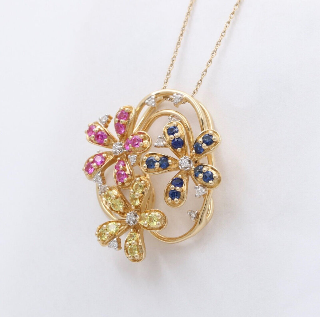 Lovely Multi-Color Sapphire and Diamond 14K Yellow Gold Flower Pendant, Necklace