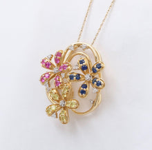 Load image into Gallery viewer, Lovely Multi-Color Sapphire and Diamond 14K Yellow Gold Flower Pendant, Necklace
