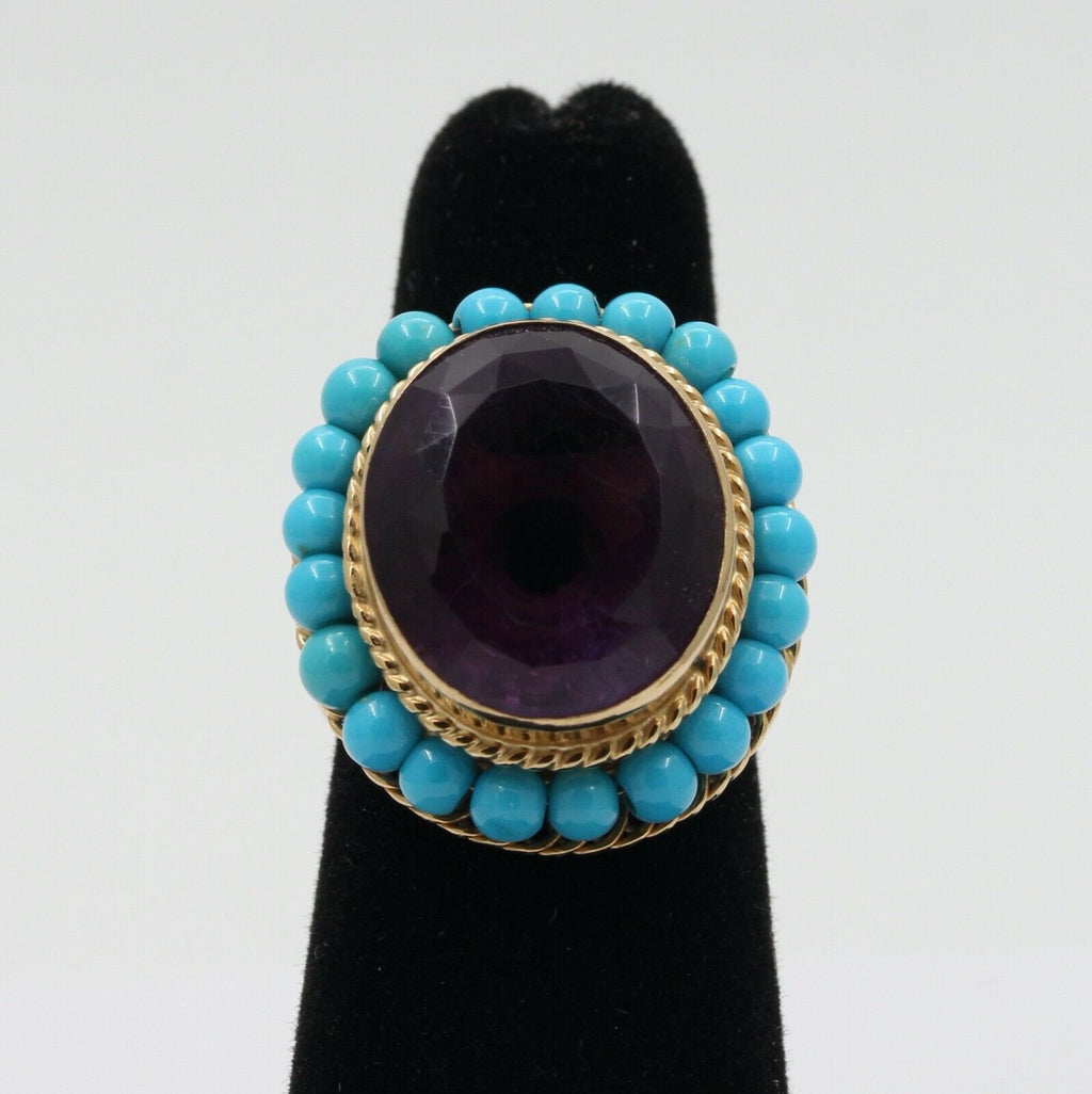 Vintage 18K Huge Amethyst Turquoise Statement Ring