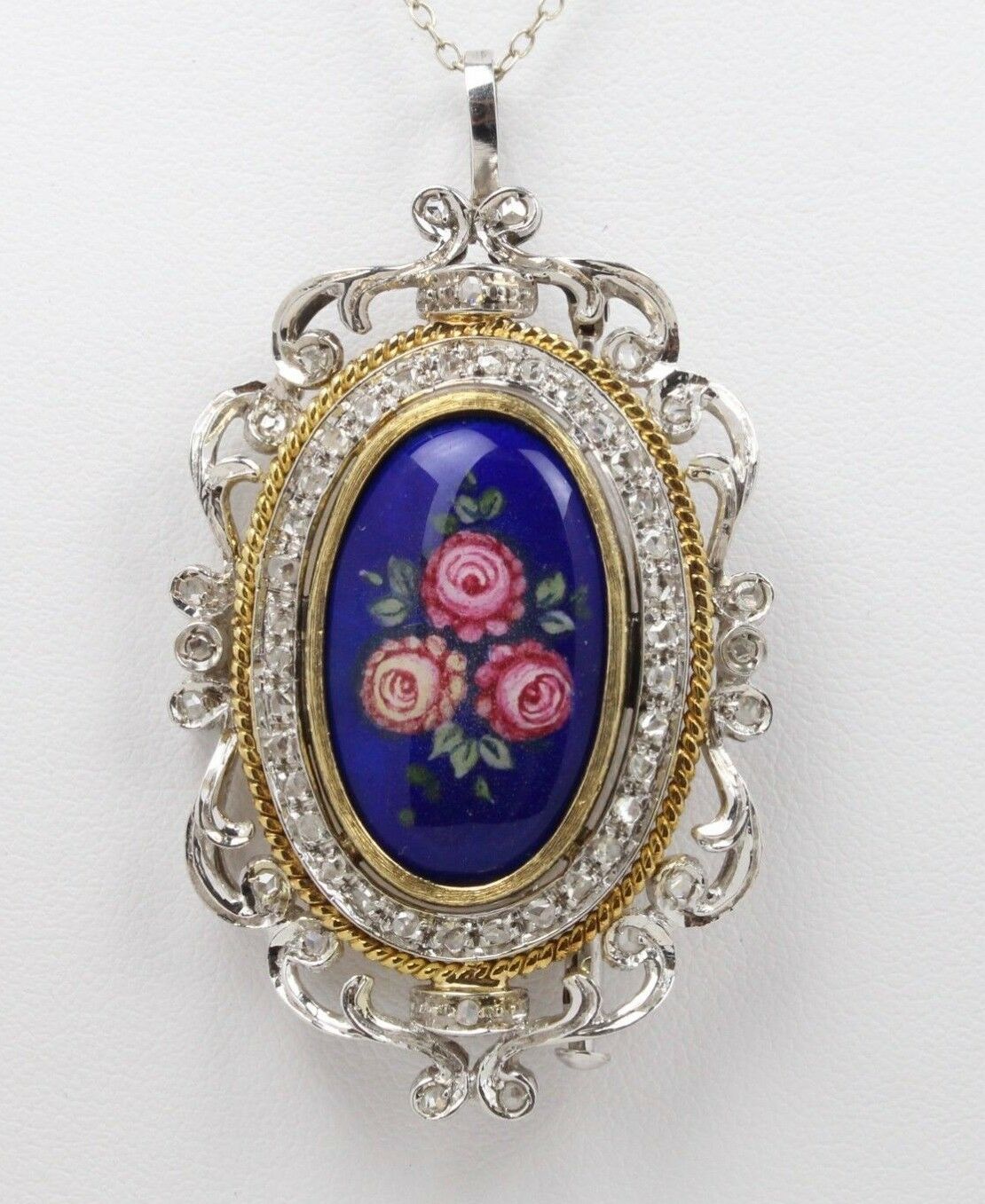 Vintage 18K Yellow Gold Italian Floral Enamel Diamond Pendant Brooch