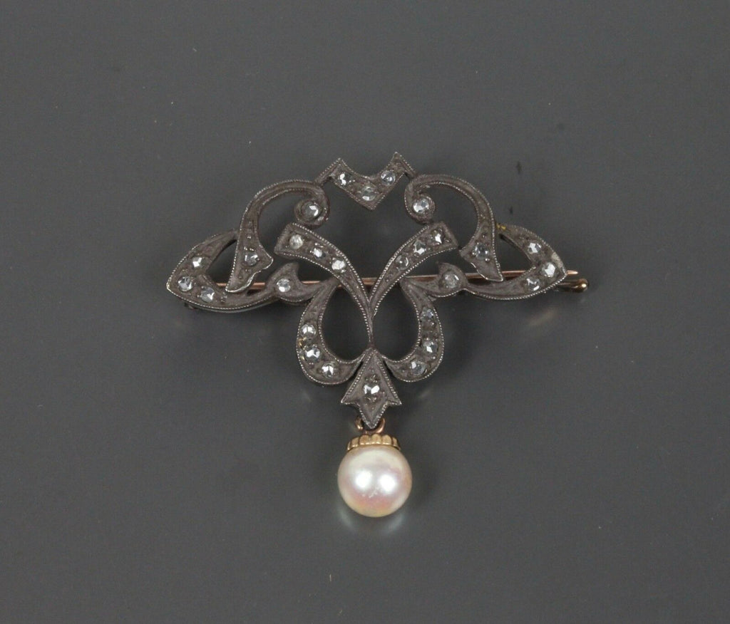 Victorian 10K Yellow Gold and Silver Diamond Pearl Brooch