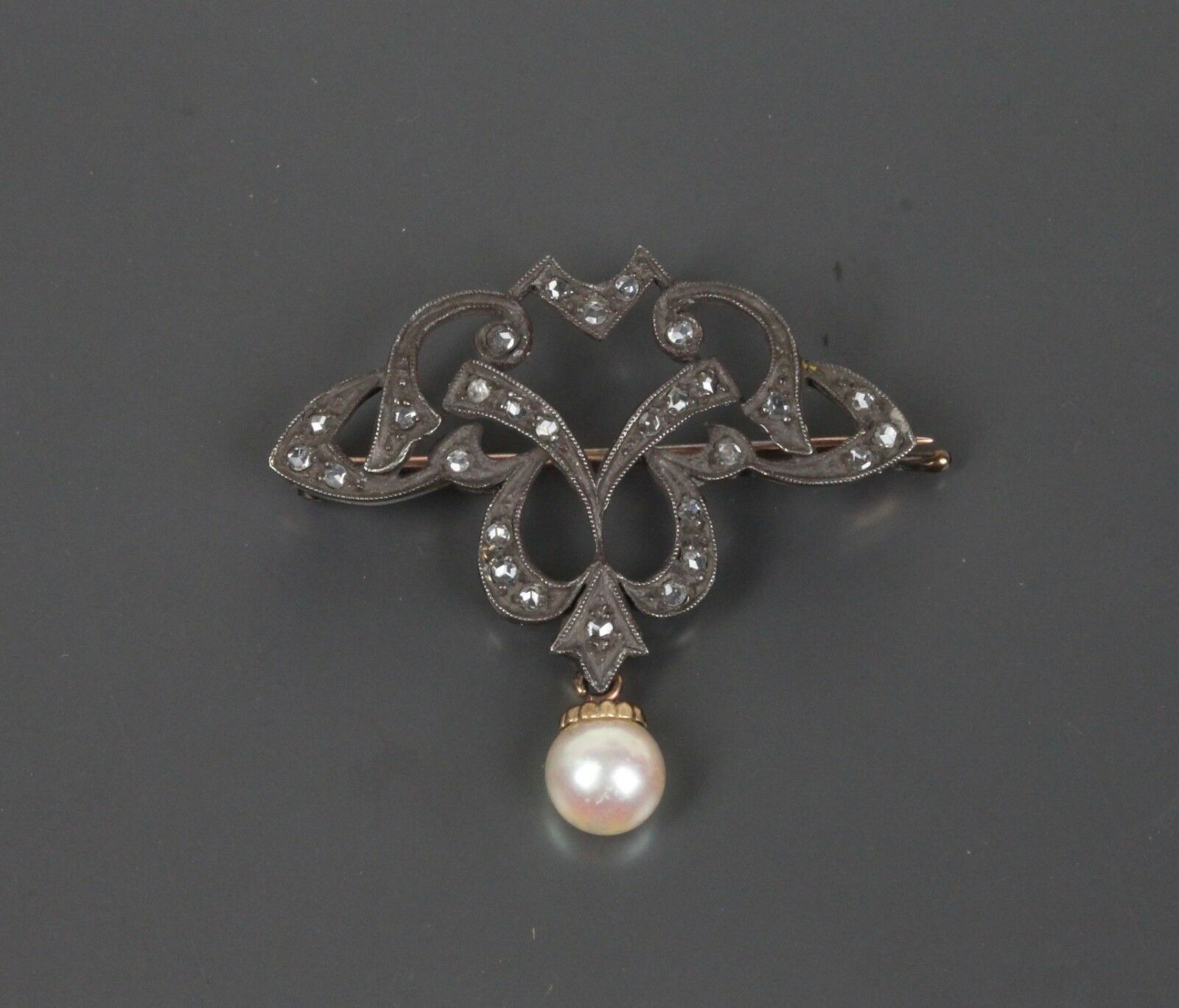 Victorian 10K Yellow Gold and Silver Diamond Pearl Brooch