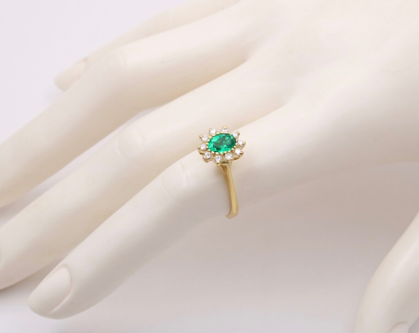 Vintage 18K Gold Emerald Diamond Halo Ring, Engagement Band