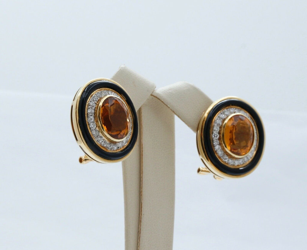 Vintage 18K Yellow Gold Citrine Diamonds Onyx Earrings