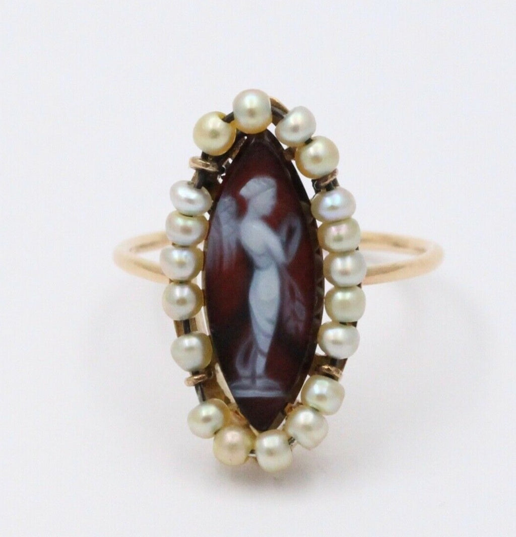 Victorian Navette Cameo Agate Natural Pearls 14K Yellow Gold Ring