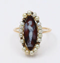 Victorian Navette Cameo Agate Natural Pearls 14K Yellow Gold Ring