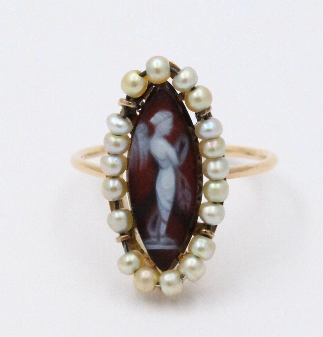 Victorian Navette Cameo Agate Natural Pearls 14K Yellow Gold Ring