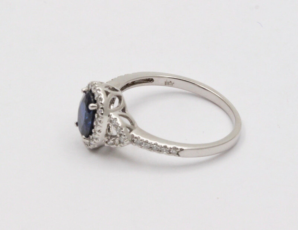 Vintage Cushion Cut Sapphire and Diamond Halo 14K White Gold Ring