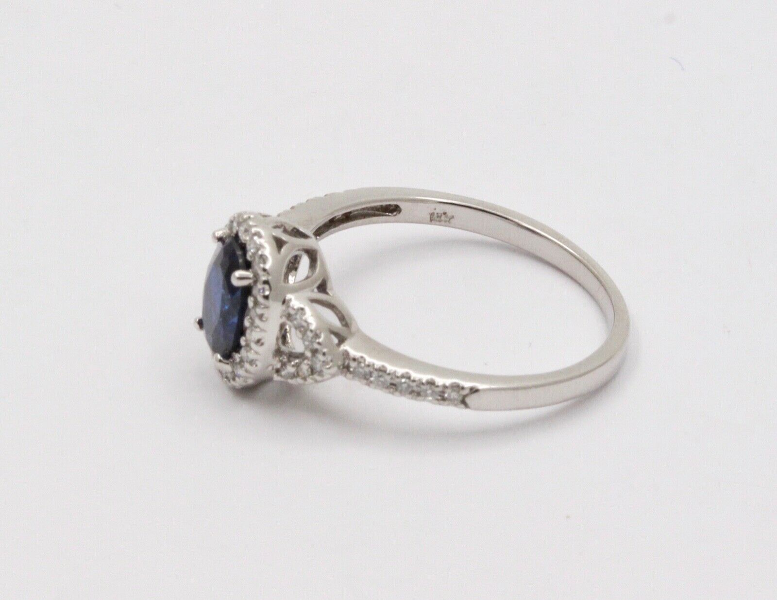 Vintage Cushion Cut Sapphire and Diamond Halo 14K White Gold Ring