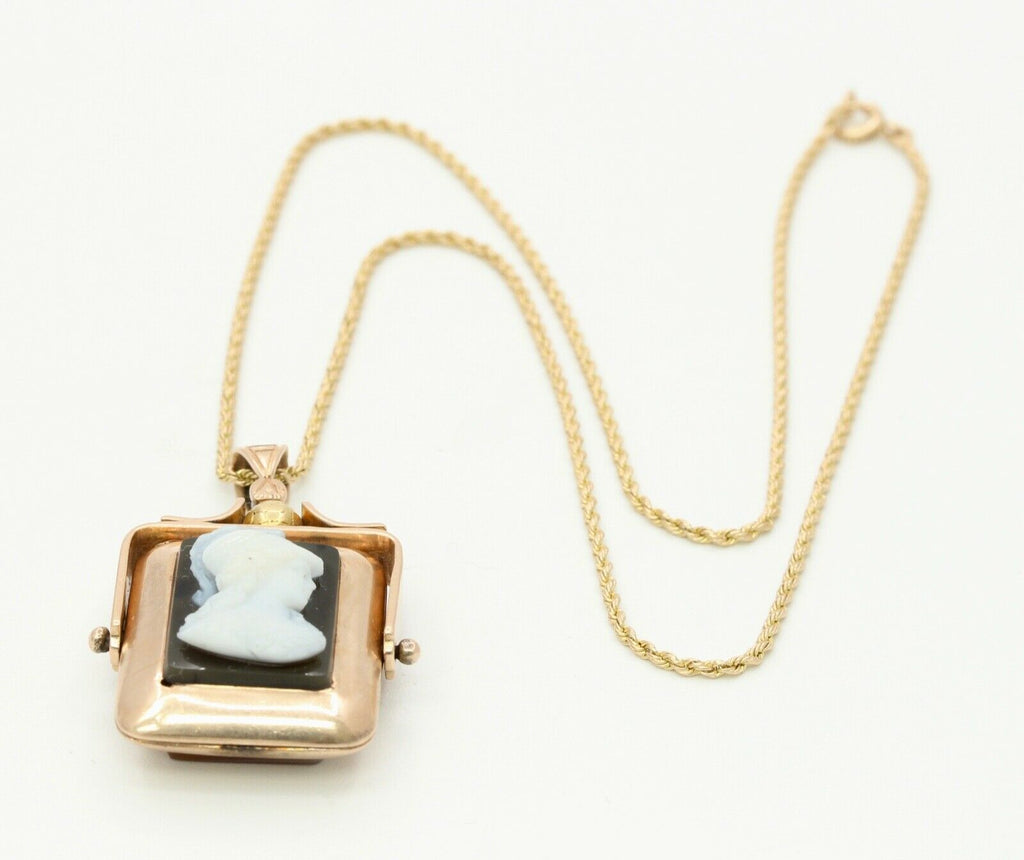Victorian 10K Gold Onyx Sardonyx Spinning Locket Pendant Chain