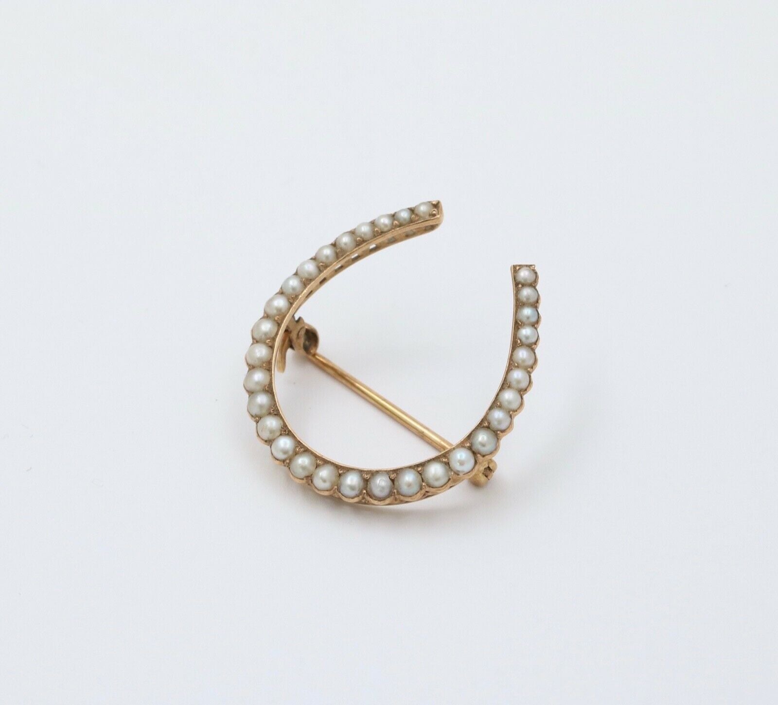 Antique 14K Yellow Gold Split Pearl Horseshoe Brooch, Pin.