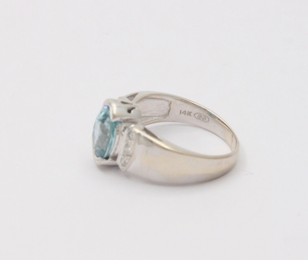 Vintage 14K White Gold Blue Zircon Diamond Ring, Cocktail Ring