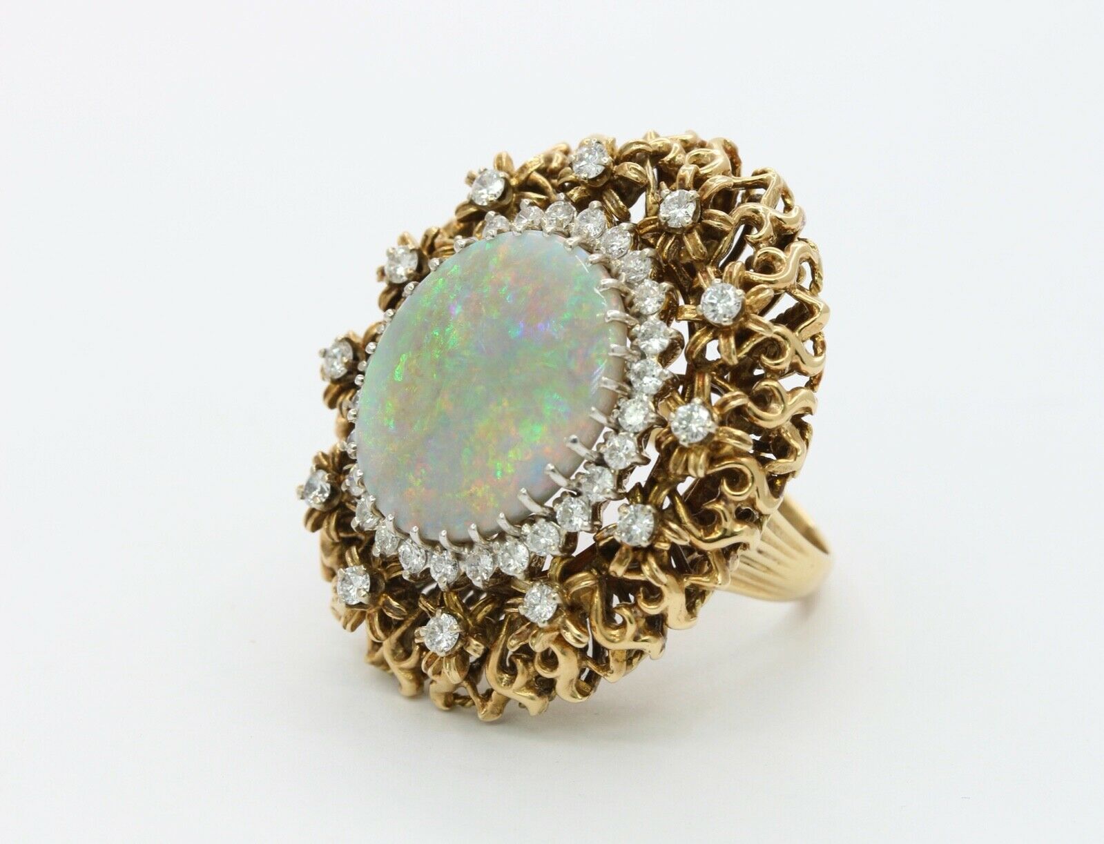 Large Vintage Ladies Opal Diamonds 14K Yellow Gold Statement Ring