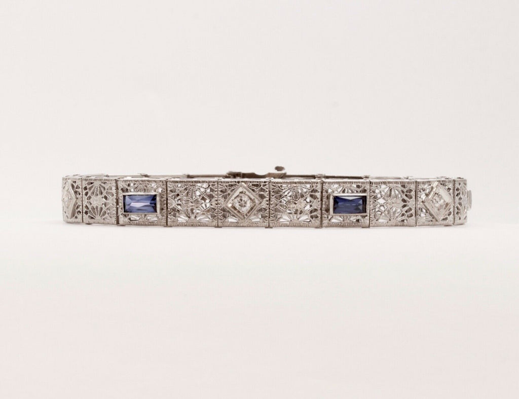 Art Deco Ladies Bracelet Diamonds Blue Sapphires 14K White Gold