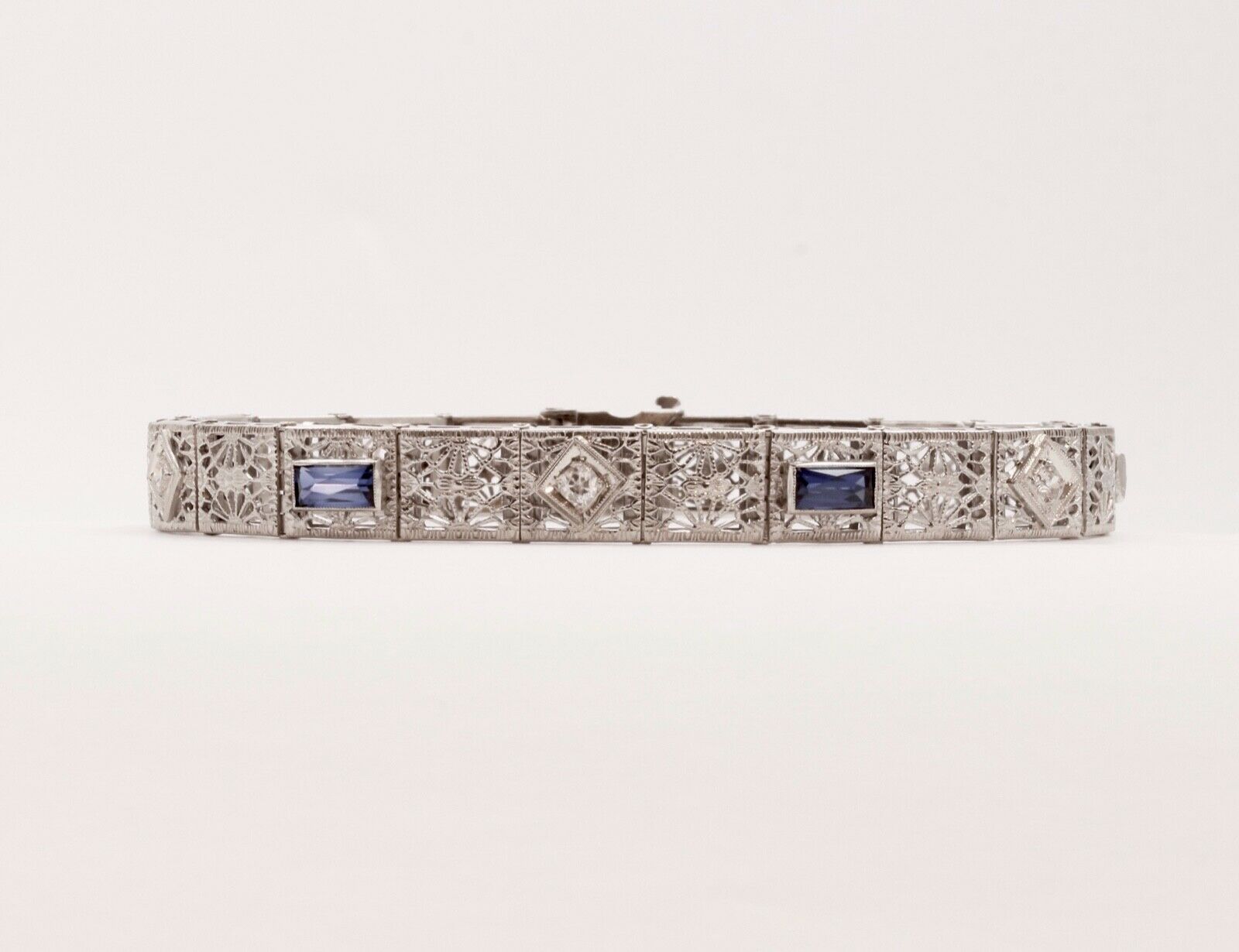 Art Deco Ladies Bracelet Diamonds Blue Sapphires 14K White Gold
