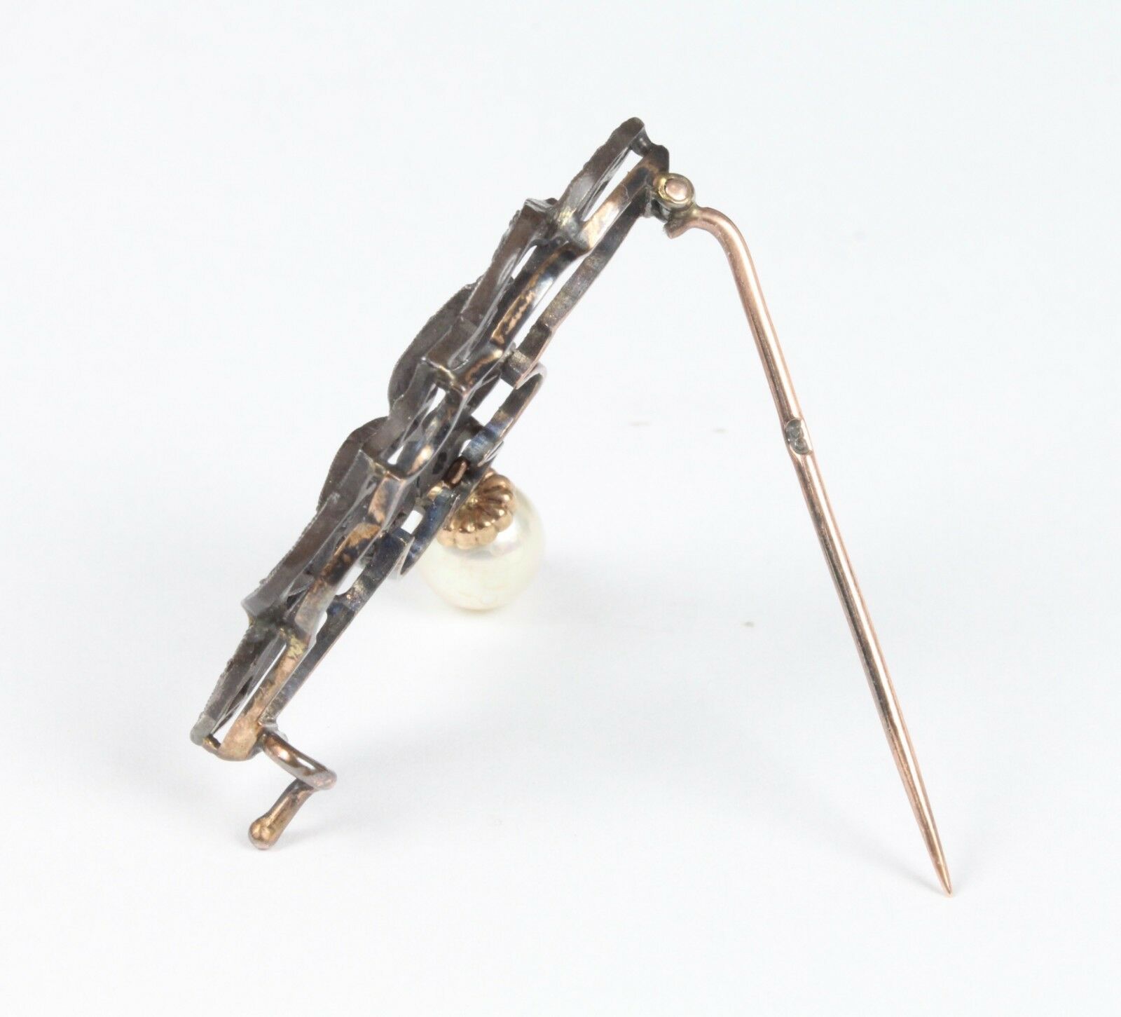 Victorian 10K Yellow Gold and Silver Diamond Pearl Brooch