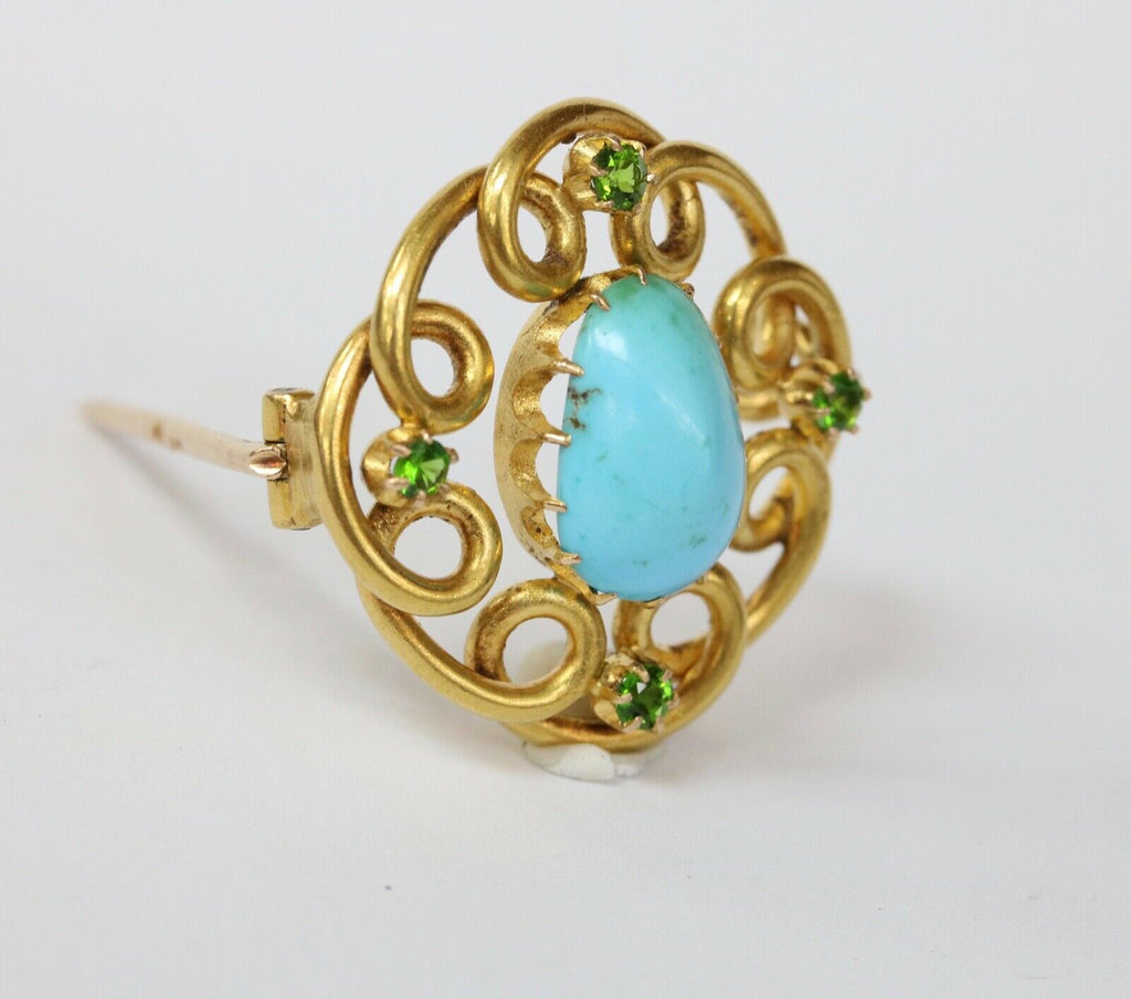 Victorian Russian Turquoise Demantoid Garnet 18K Yellow Gold Brooch Pin