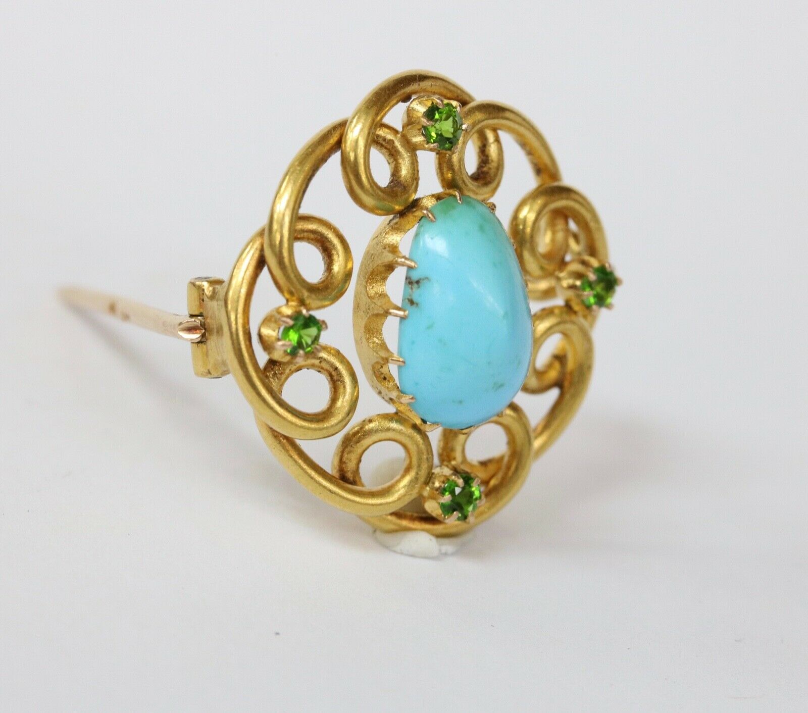 Victorian Russian Turquoise Demantoid Garnet 18K Yellow Gold Brooch Pin