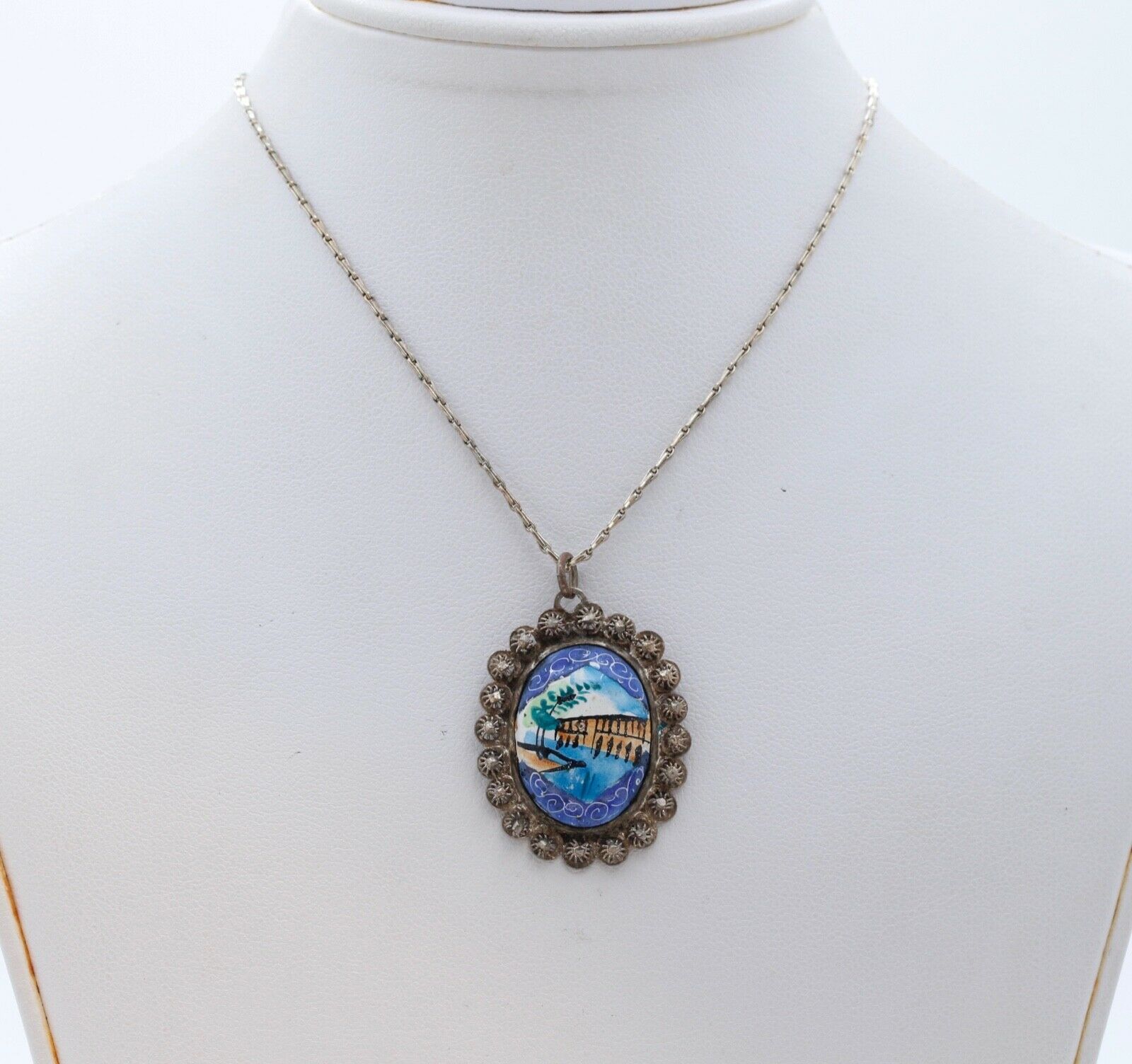 Beautiful Vintage 925 Silver Enamel Portrait Floral Pendant and Chain