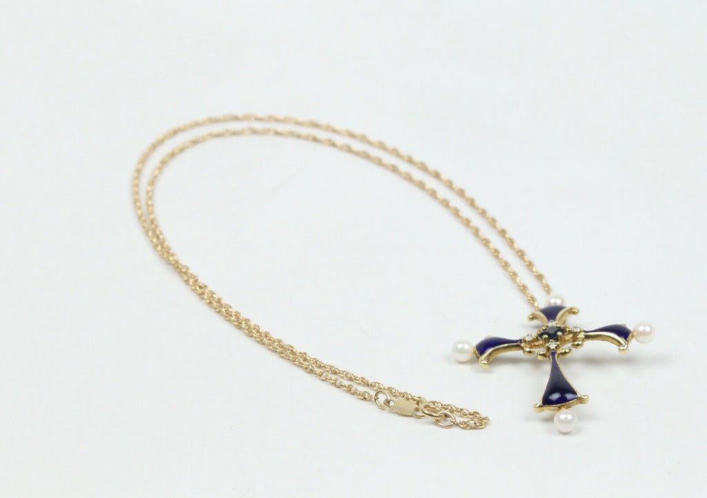 Faberge 1983 Enamel 14K Franklin Mint Sapphire Midnight Cross Pendant with Chain