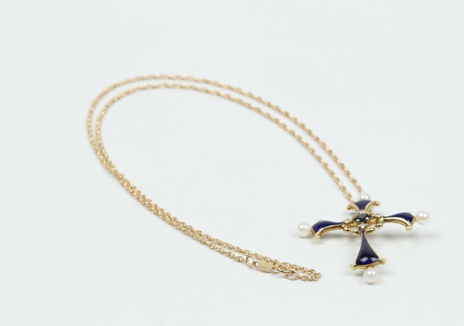 Faberge 1983 Enamel 14K Franklin Mint Sapphire Midnight Cross Pendant with Chain