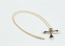 Load image into Gallery viewer, Faberge 1983 Enamel 14K Franklin Mint Sapphire Midnight Cross Pendant with Chain
