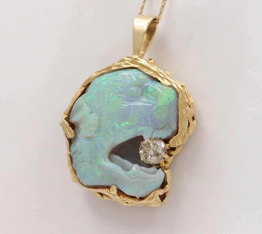 Vintage Carved Panther Large Australian Opal Held 1.0 carats round cut diamond P