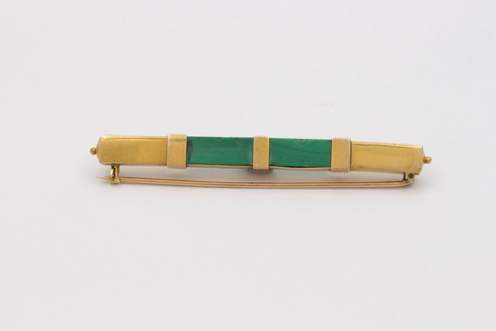 Art Deco Geometric Bar Brooch Malachite 14K Yellow Gold
