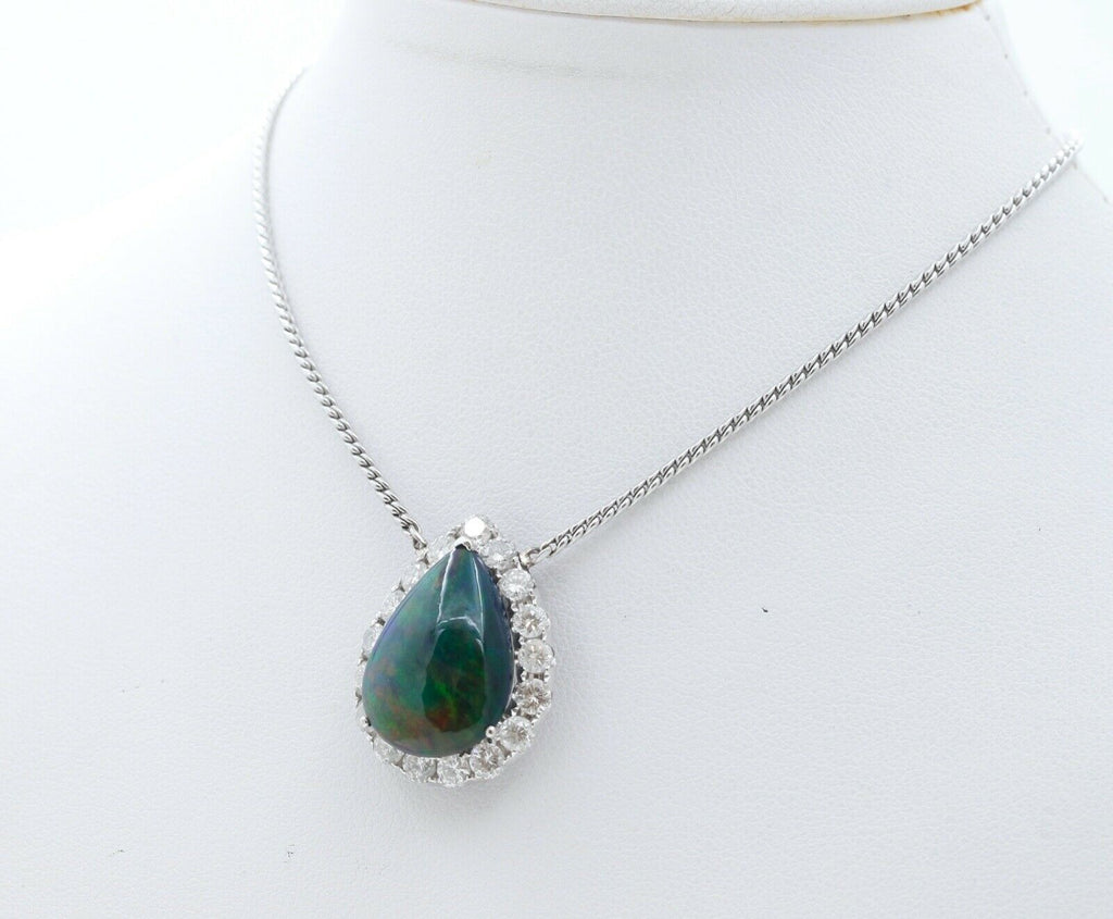 Vintage Opal Diamonds 18K 14K White Gold Pendant Chain