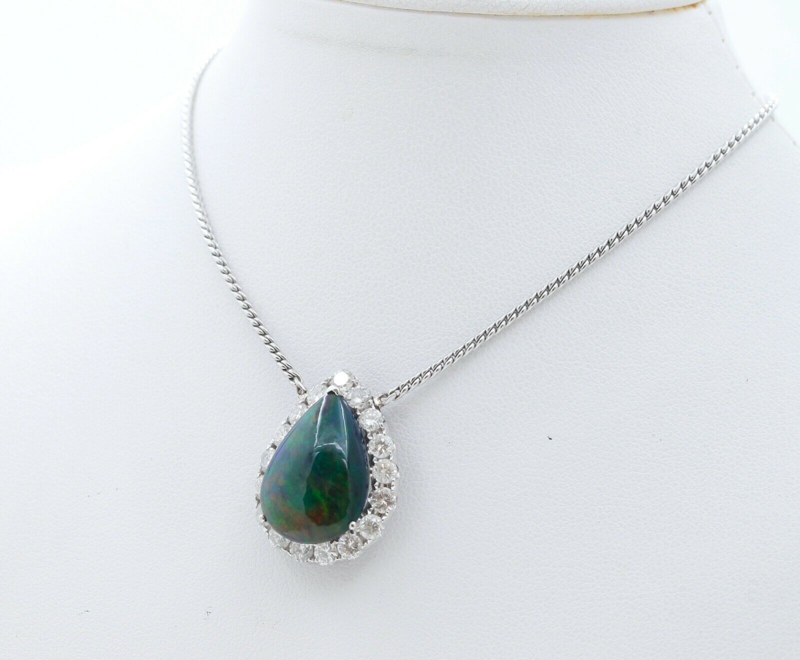 Vintage Opal Diamonds 18K 14K White Gold Pendant Chain