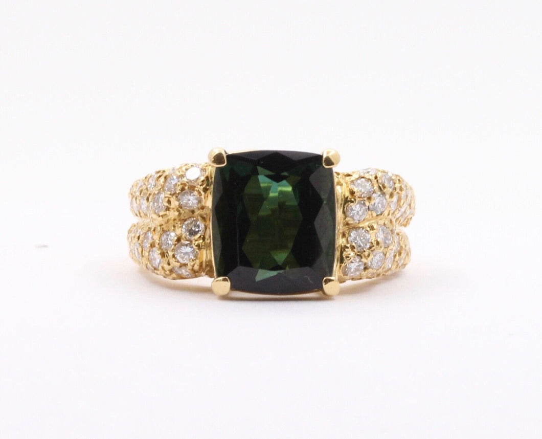 Vintage 4.35 carats Green Tourmaline 18K Gold Pave Diamond Ring