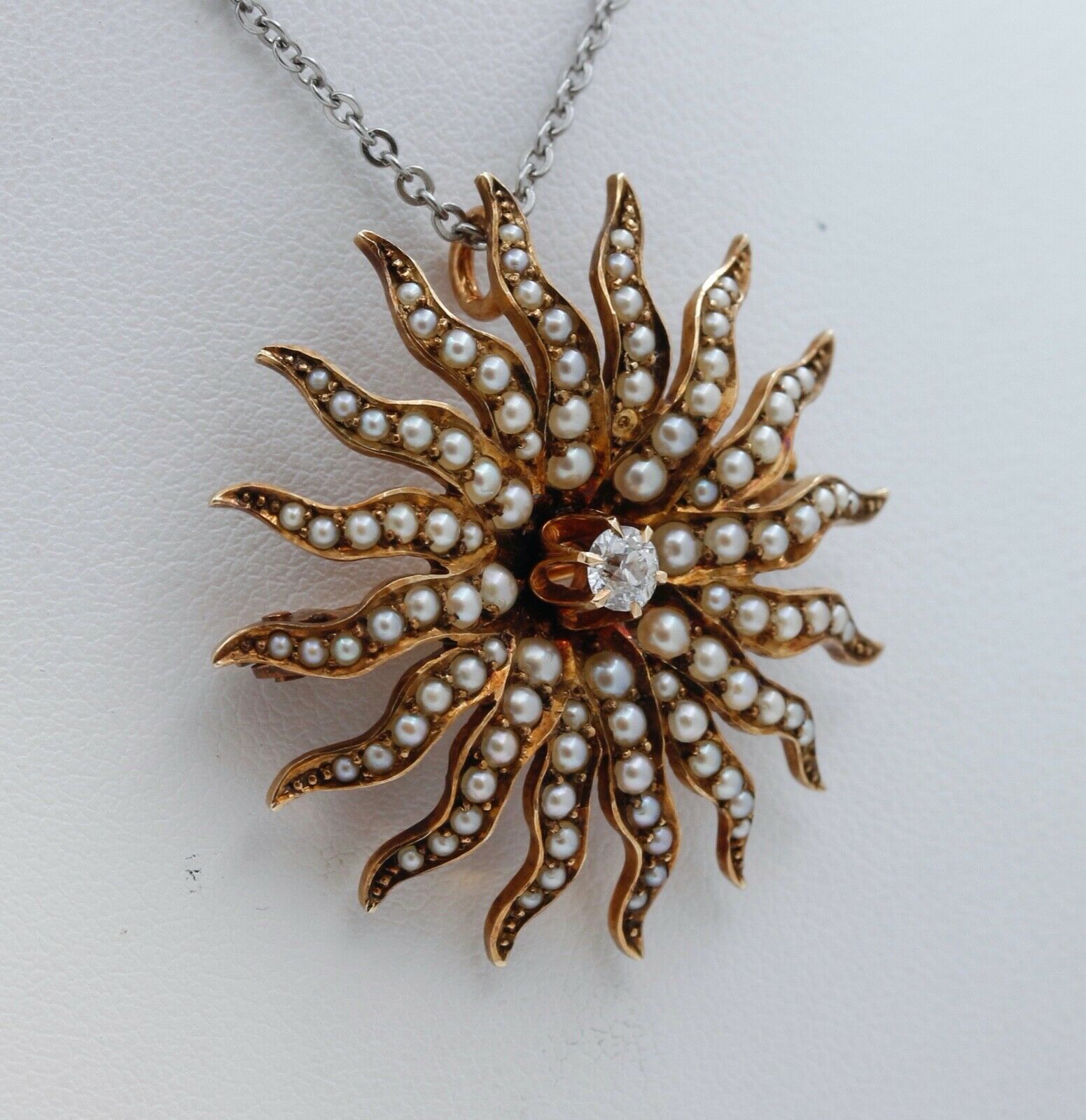 Victorian Shreve and Co Starburst 14K Yellow Gold Diamond Seed Pearls Brooch Pin