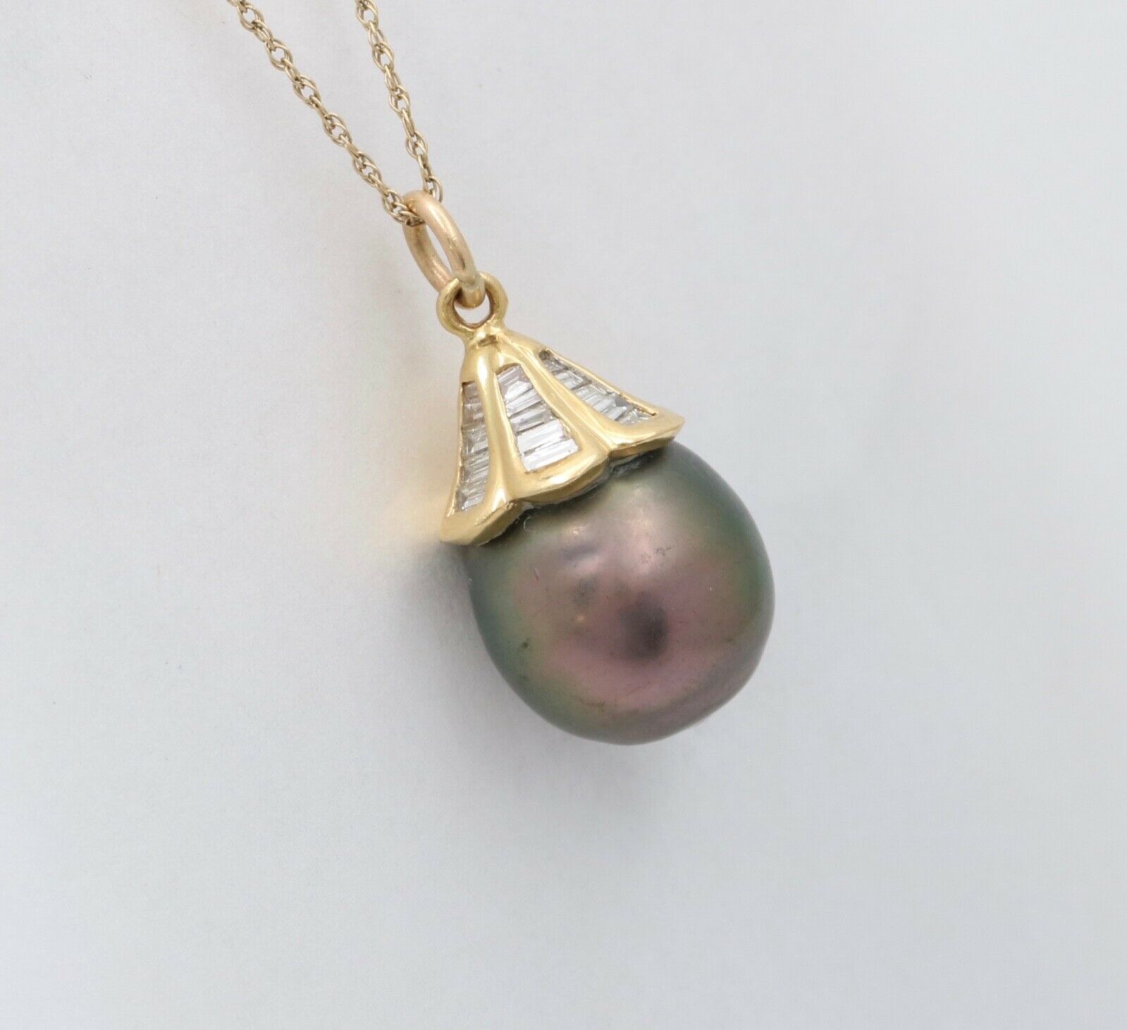 Vintage 18K Yellow Gold Baroque Black South Sea Pearl Diamond Pendant, Necklace
